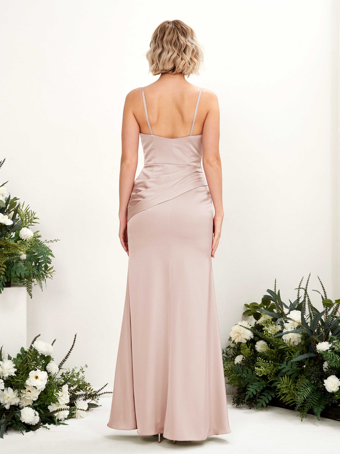Carlyna Robe de demoiselle d'honneur sirène col V satin longueur ras du sol Rose Perle #couleur_rose-perle