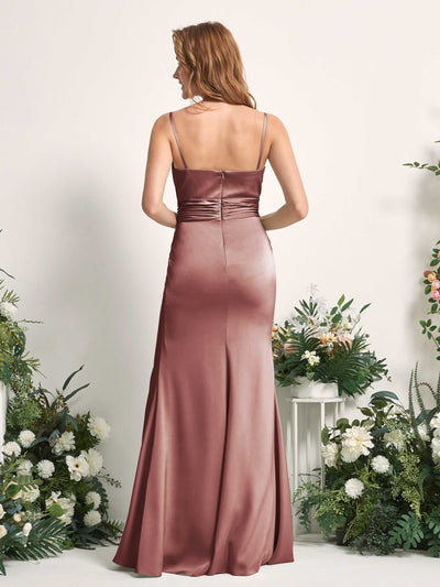 Carlyna Robe de demoiselle d'honneur sirène encolure dégagée froncé fente jambe Rose Du Désert #couleur_rose-du-d-sert