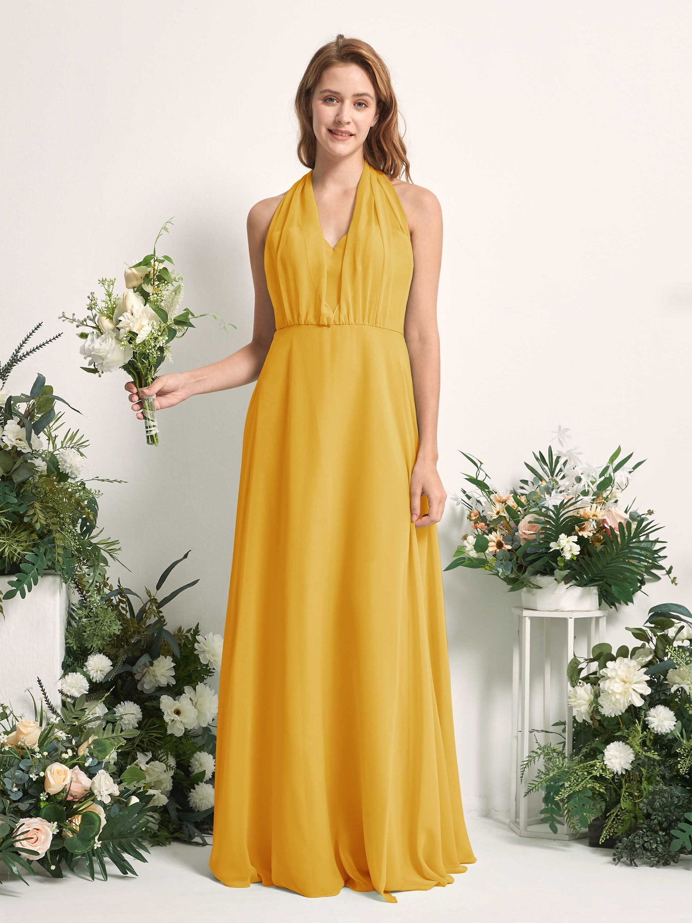 Carlyna Robe de demoiselle d'honneur Trapèze Col coeur Longueur ras du sol Jaune Moutard #couleur_jaune-moutard