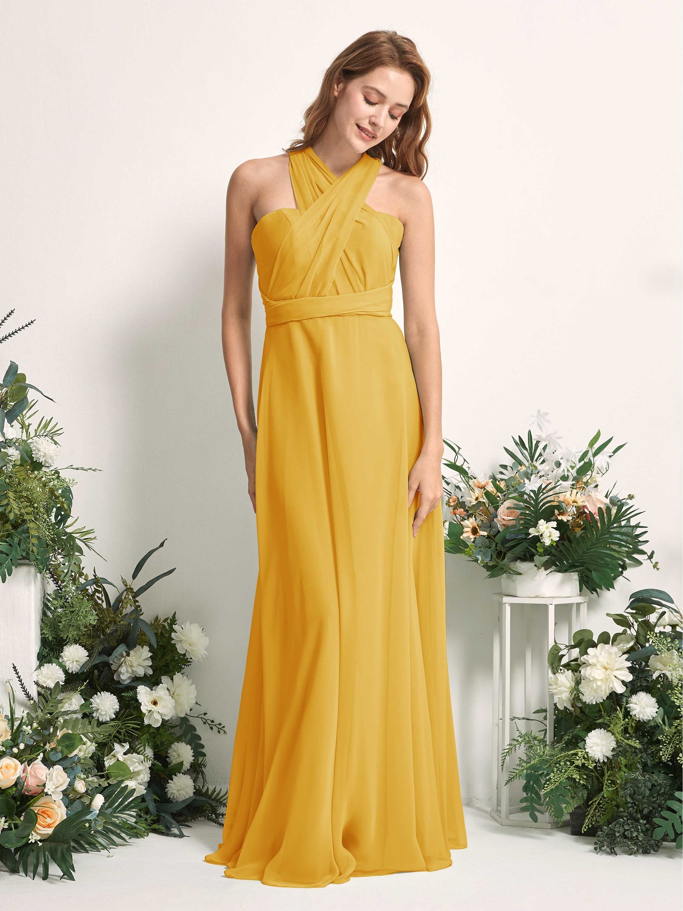 Carlyna Robe de demoiselle d'honneur Trapèze Col coeur Longueur ras du sol Jaune Moutard #couleur_jaune-moutard