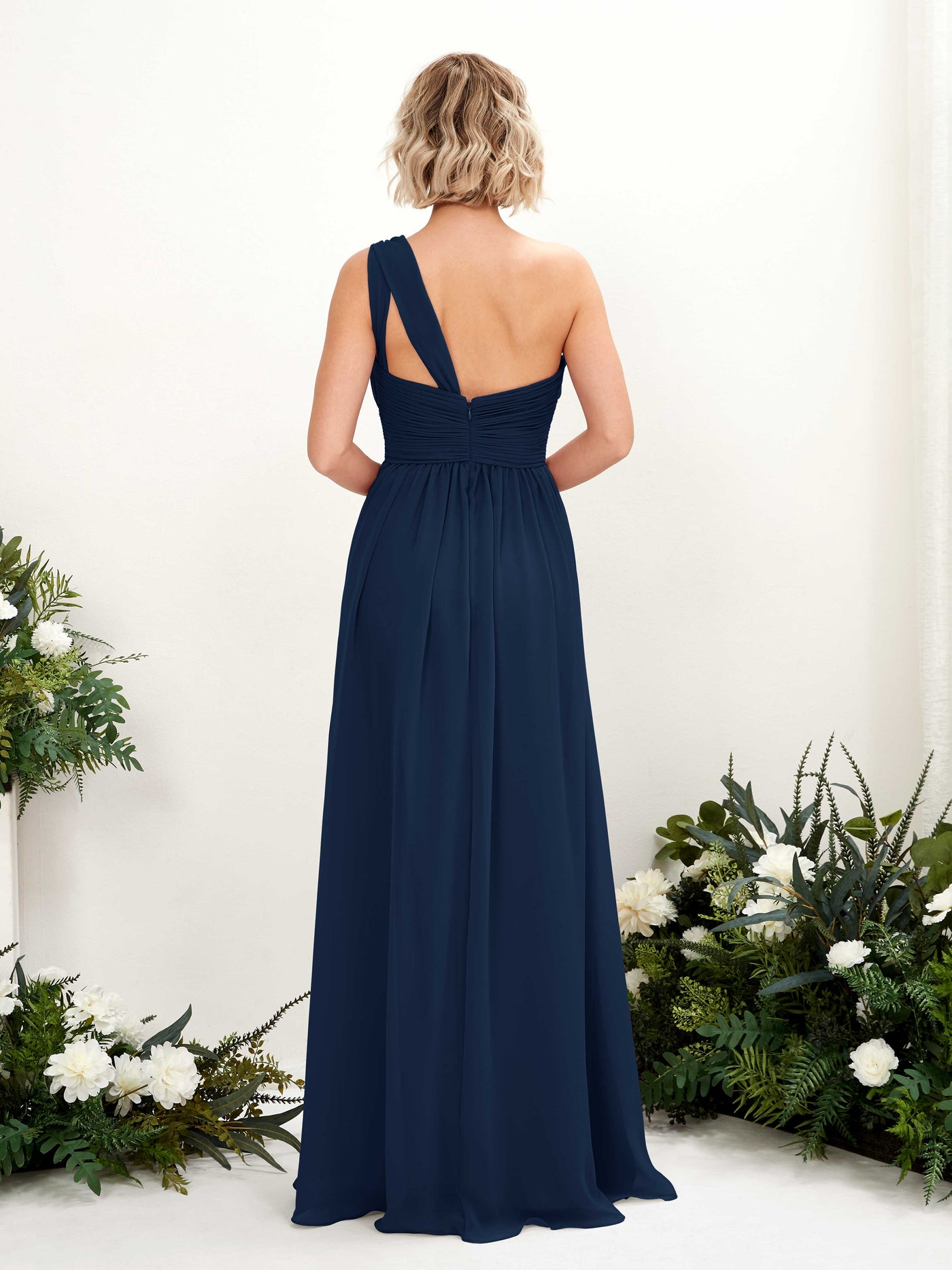 Carlyna Robe de demoiselle d'honneur trapèze froncée décolleté asymétrique longueur ras du sol Bleu Marine #couleur_bleu-marine