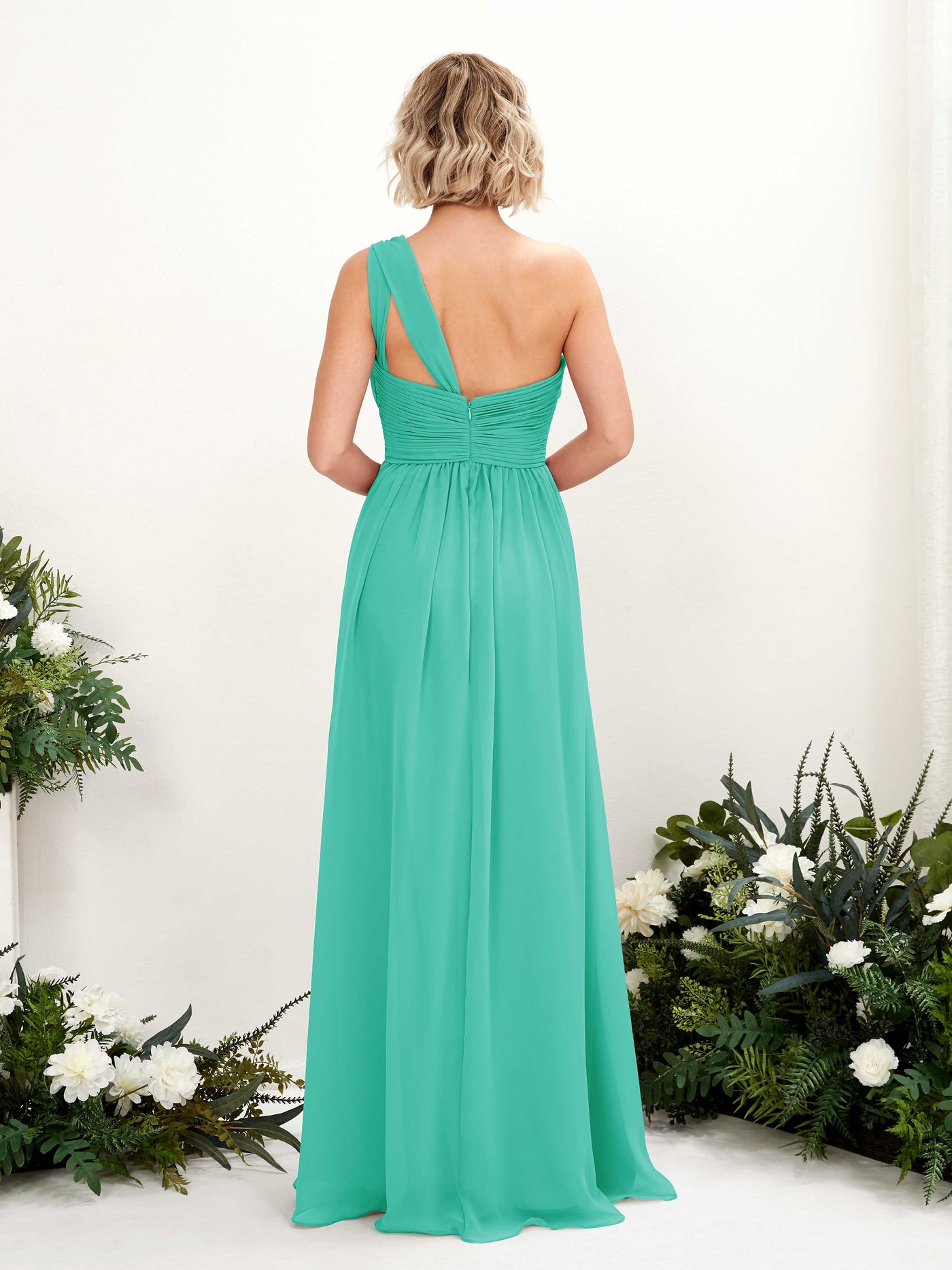 Carlyna Robe de demoiselle d'honneur trapèze froncée décolleté asymétrique longueur ras du sol Bleu Tiffany #couleur_bleu-tiffany