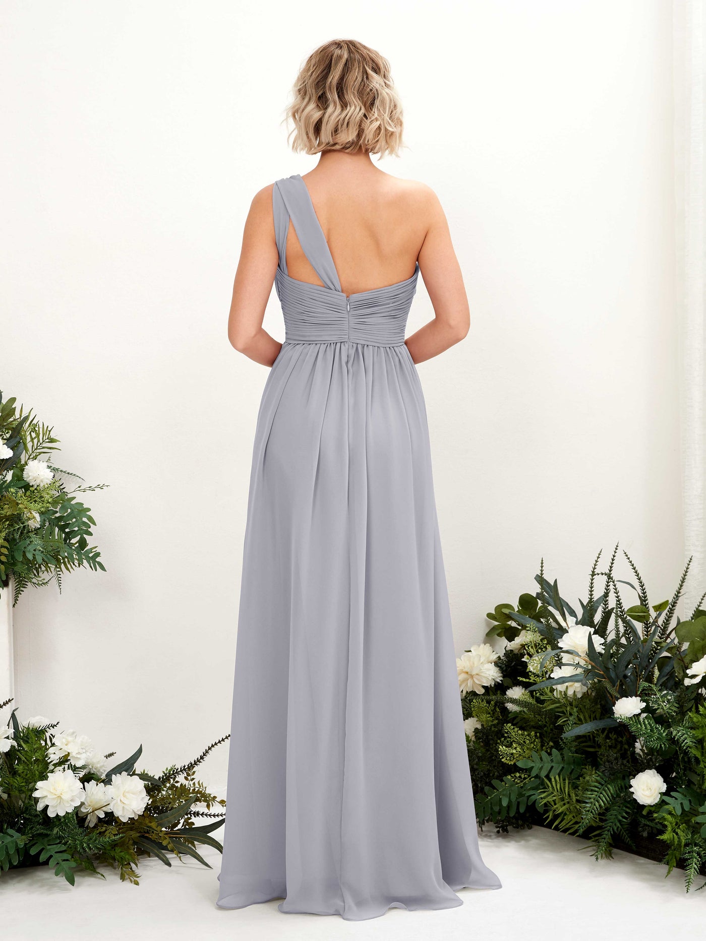 Carlyna Robe de demoiselle d'honneur trapèze froncée décolleté asymétrique longueur ras du sol Lavande Poudrée #couleur_lavande-poudr-e
