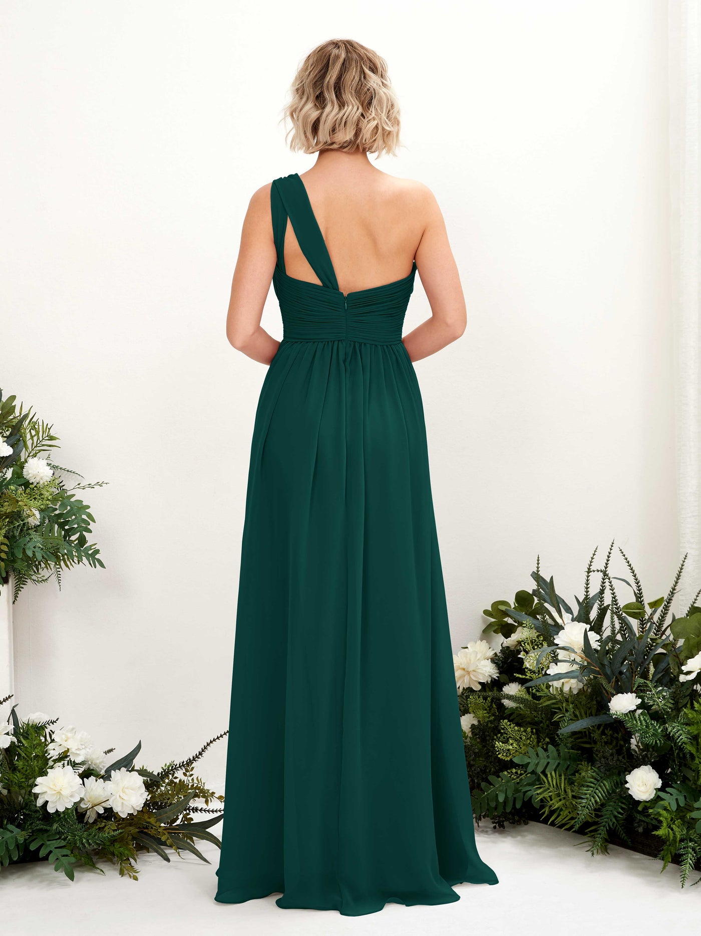 Carlyna Robe de demoiselle d'honneur trapèze froncée décolleté asymétrique longueur ras du sol Émeraude Foncé #couleur_meraude-fonc