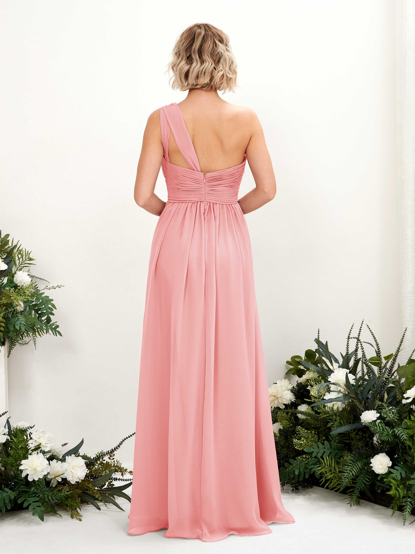 Carlyna Robe de demoiselle d'honneur trapèze froncée décolleté asymétrique longueur ras du sol Rose Ballet #couleur_rose-ballet