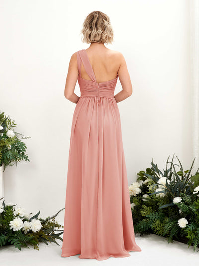 Carlyna Robe de demoiselle d'honneur trapèze froncée décolleté asymétrique longueur ras du sol Rose Champagne #couleur_rose-champagne