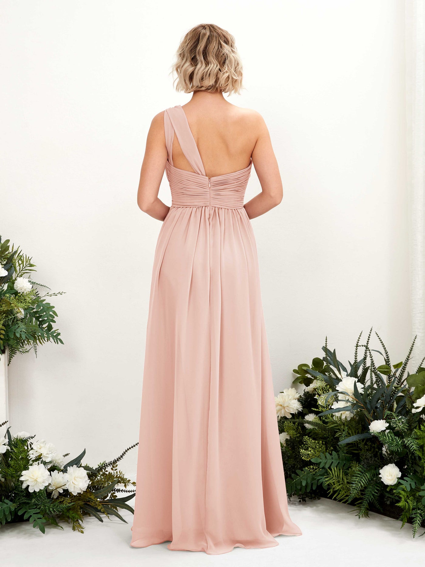 Carlyna Robe de demoiselle d'honneur trapèze froncée décolleté asymétrique longueur ras du sol Rose Perle #couleur_rose-perle