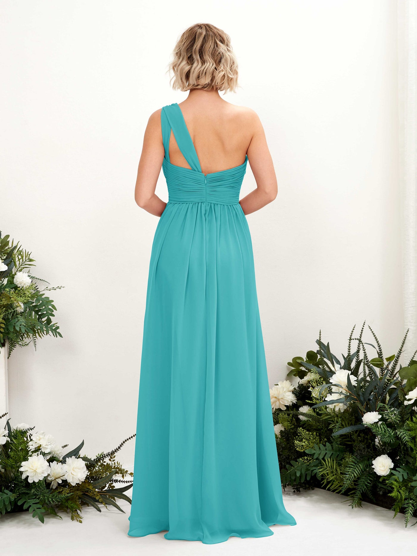Carlyna Robe de demoiselle d'honneur trapèze froncée décolleté asymétrique longueur ras du sol Turquoise #couleur_turquoise