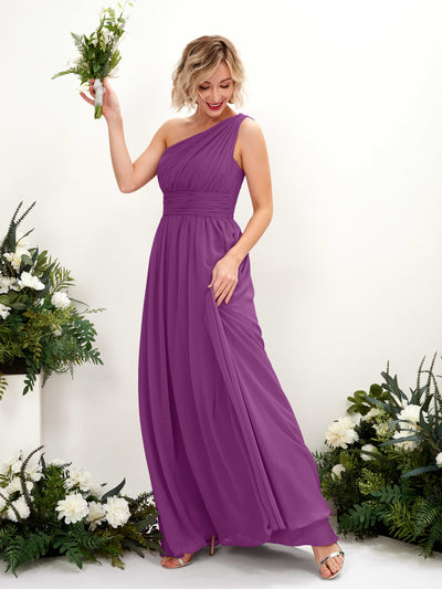 Carlyna Robe de demoiselle d'honneur trapèze froncée décolleté asymétrique longueur ras du sol Violet #couleur_violet