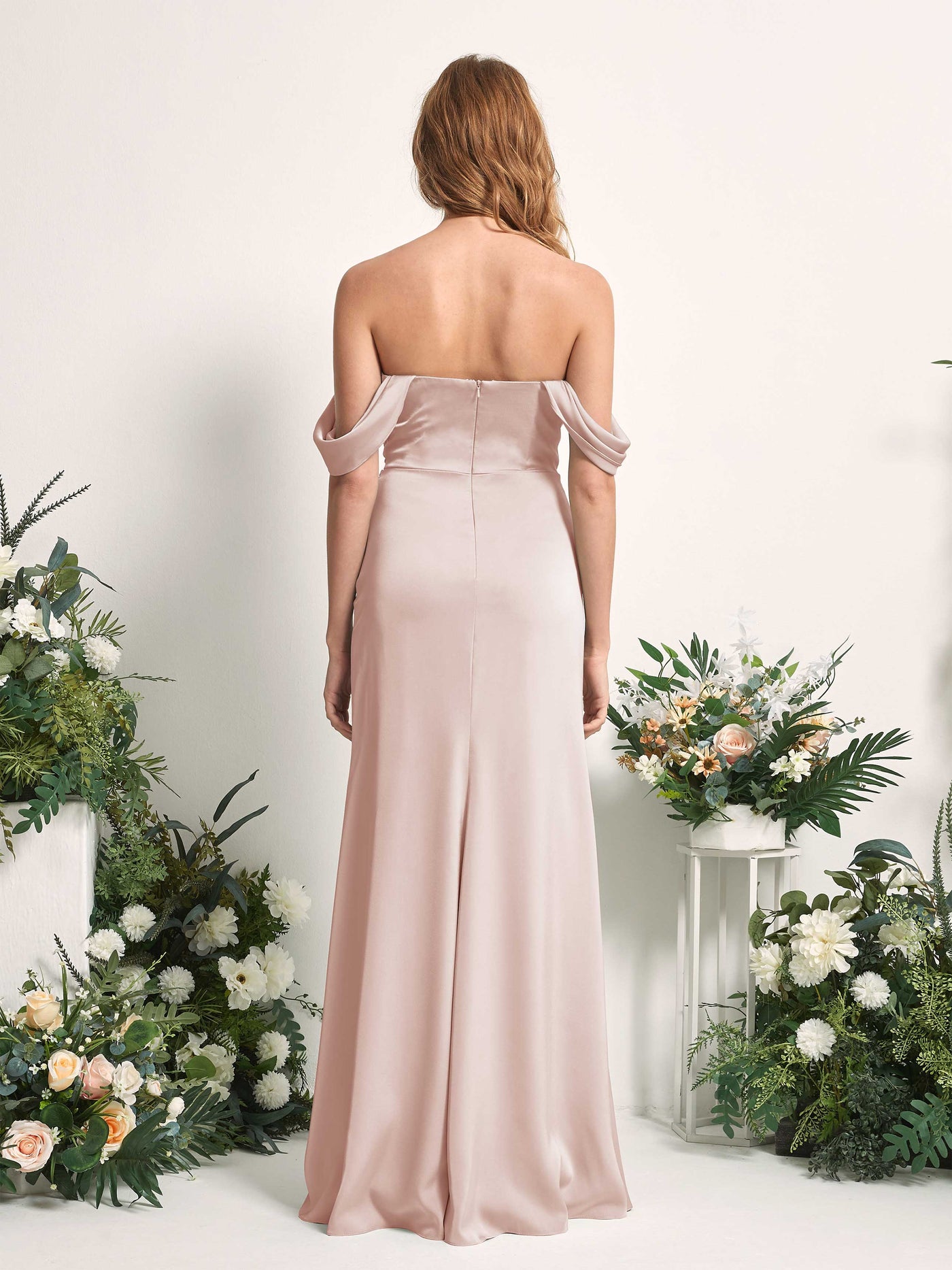 Carlyna Robe demoiselle d'honneur sirène épaule dénudée froncé longueur ras du sol Rose Perle #couleur_rose-perle