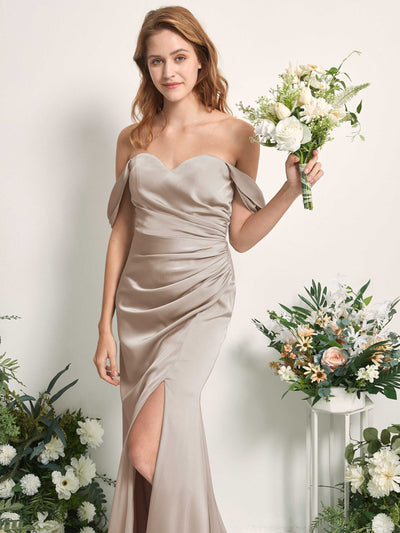 Carlyna Robe demoiselle d'honneur sirène épaule dénudée froncé longueur ras du sol Taupe #couleur_taupe