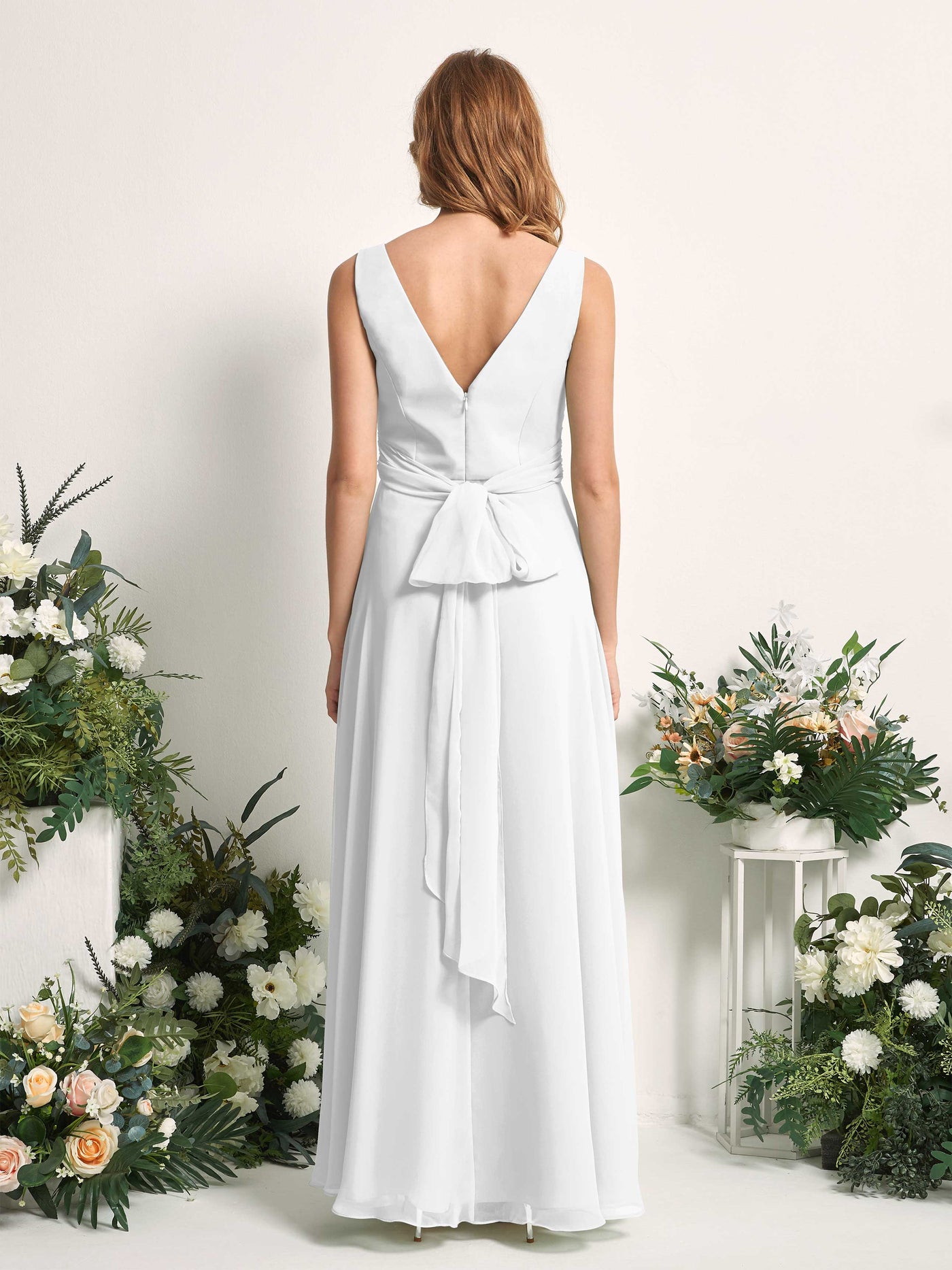 Carlyna Robe demoiselle d'honneur trapèze col V longueur ras du sol Blanc #couleur_blanc