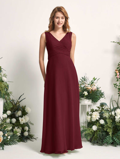 Carlyna Robe demoiselle d'honneur trapèze col V longueur ras du sol Bordeaux #couleur_bordeaux