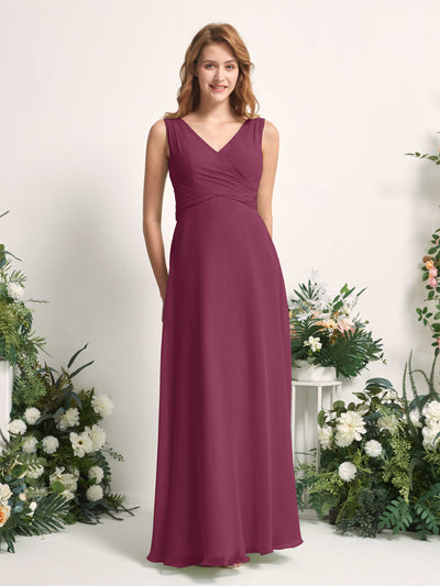 Carlyna Robe demoiselle d'honneur trapèze col V longueur ras du sol Chianti #couleur_chianti