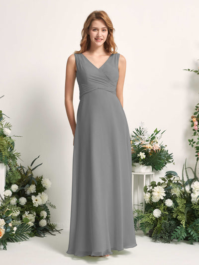 Carlyna Robe demoiselle d'honneur trapèze col V longueur ras du sol Gris Acier #couleur_gris-acier