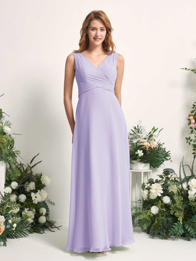 Carlyna Robe demoiselle d'honneur trapèze col V longueur ras du sol Lilas #couleur_lilas