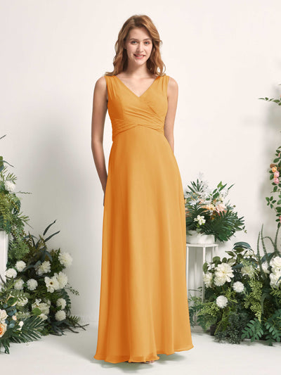Carlyna Robe demoiselle d'honneur trapèze col V longueur ras du sol Mangue #couleur_mangue