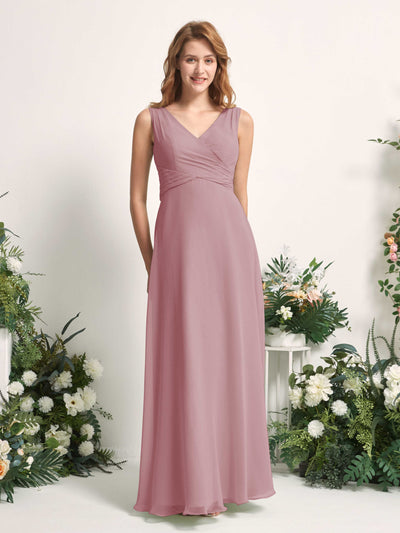 Carlyna Robe demoiselle d'honneur trapèze col V longueur ras du sol Mauve Vintage #couleur_mauve-vintage