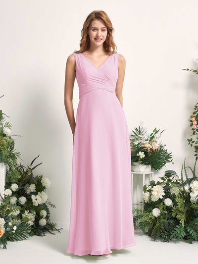 Carlyna Robe demoiselle d'honneur trapèze col V longueur ras du sol Rose Bonbon #couleur_rose-bonbon