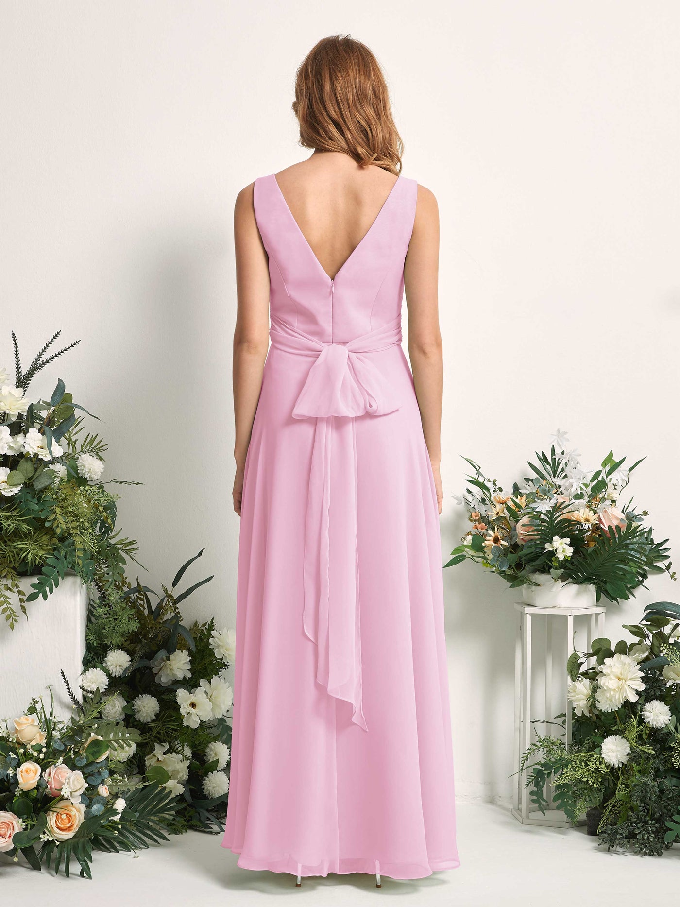 Carlyna Robe demoiselle d'honneur trapèze col V longueur ras du sol Rose Bonbon #couleur_rose-bonbon