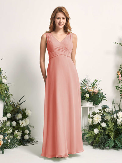 Carlyna Robe demoiselle d'honneur trapèze col V longueur ras du sol Rose Champagne #couleur_rose-champagne