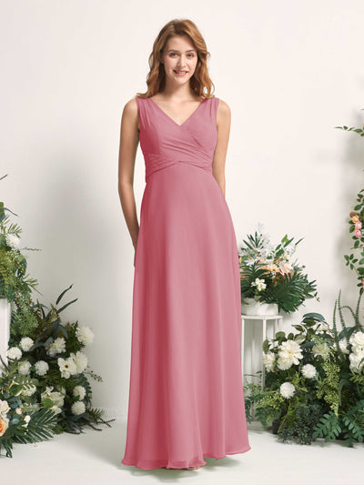 Carlyna Robe demoiselle d'honneur trapèze col V longueur ras du sol Rose Du Désert #couleur_rose-du-d-sert