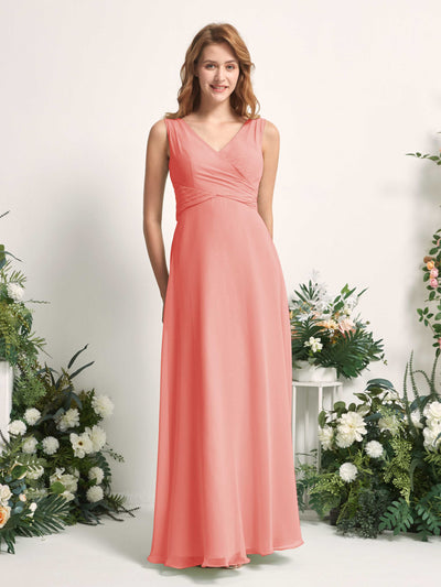 Carlyna Robe demoiselle d'honneur trapèze col V longueur ras du sol Rose Pêche #couleur_rose-p-che