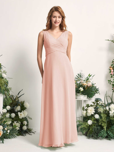 Carlyna Robe demoiselle d'honneur trapèze col V longueur ras du sol Rose Perle #couleur_rose-perle