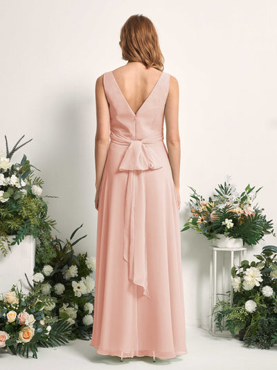 Carlyna Robe demoiselle d'honneur trapèze col V longueur ras du sol Rose Perle #couleur_rose-perle