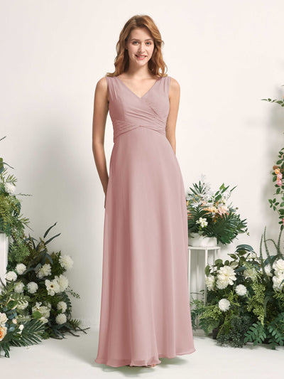 Carlyna Robe demoiselle d'honneur trapèze col V longueur ras du sol Rose Poussiéreux #couleur_rose-poussi-reux