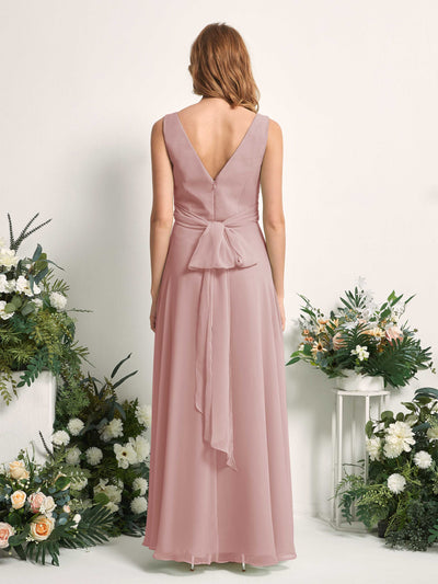 Carlyna Robe demoiselle d'honneur trapèze col V longueur ras du sol Rose Poussiéreux #couleur_rose-poussi-reux