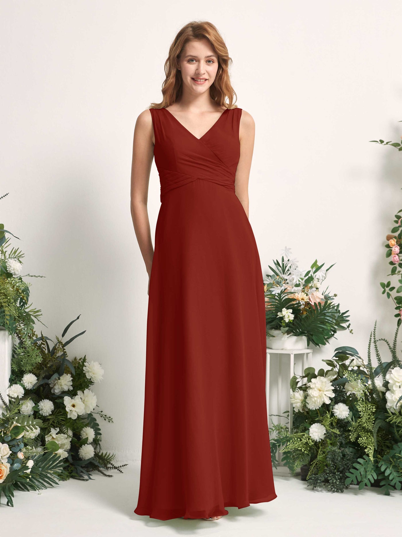 Carlyna Robe demoiselle d'honneur trapèze col V longueur ras du sol Rouille #couleur_rouille