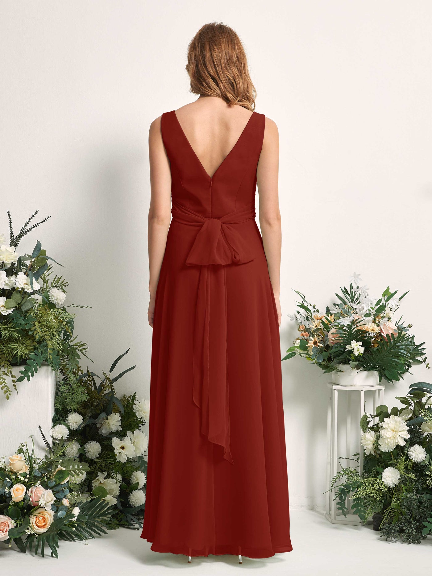 Carlyna Robe demoiselle d'honneur trapèze col V longueur ras du sol Rouille #couleur_rouille