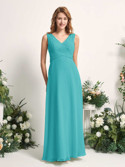 Carlyna Robe demoiselle d'honneur trapèze col V longueur ras du sol Turquoise #couleur_turquoise