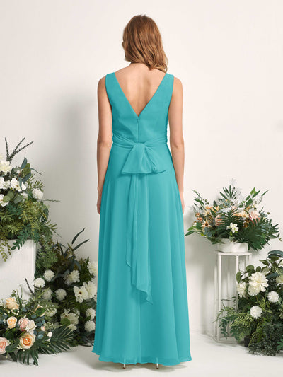 Carlyna Robe demoiselle d'honneur trapèze col V longueur ras du sol Turquoise #couleur_turquoise