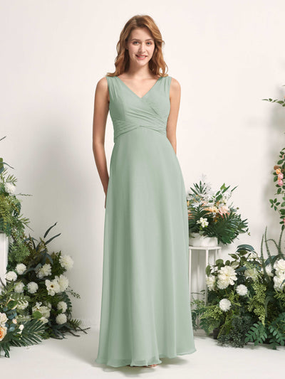 Carlyna Robe demoiselle d'honneur trapèze col V longueur ras du sol Vert Sauge Foncé #couleur_vert-sauge-fonc