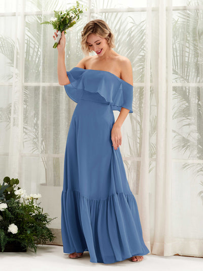 Carlyna Robe demoiselle d'honneur Trapèze Épaule Dénudée Longueur ras du sol Mousseline Bleu Poussiéreux #couleur_bleu-poussi-reux