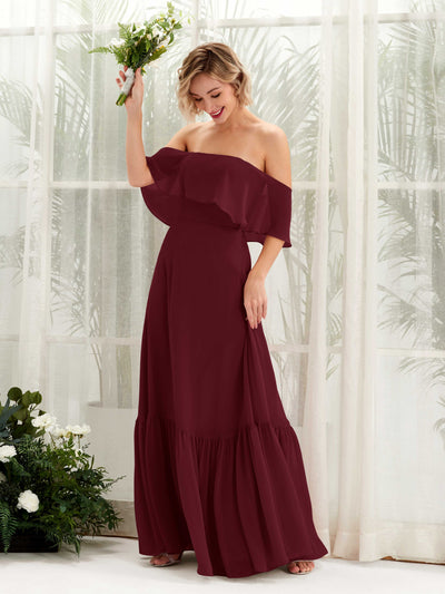 Carlyna Robe demoiselle d'honneur Trapèze Épaule Dénudée Longueur ras du sol Mousseline Bordeaux #couleur_bordeaux