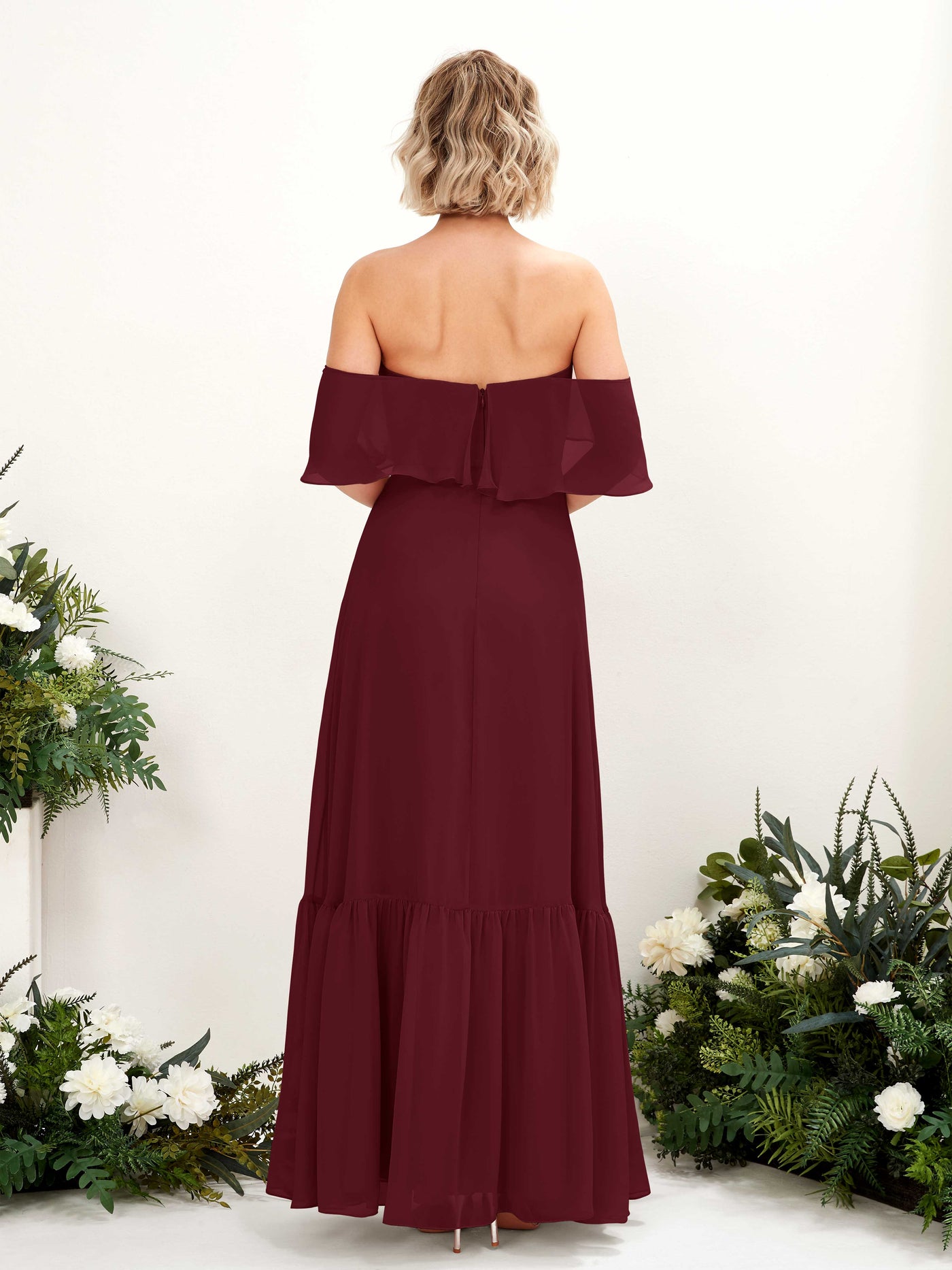 Carlyna Robe demoiselle d'honneur Trapèze Épaule Dénudée Longueur ras du sol Mousseline Bordeaux #couleur_bordeaux