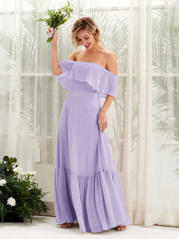 Carlyna Robe demoiselle d'honneur Trapèze Épaule Dénudée Longueur ras du sol Mousseline Lilas #couleur_lilas