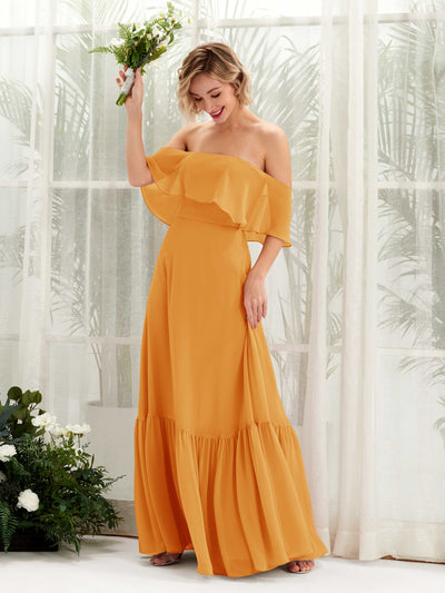 Carlyna Robe demoiselle d'honneur Trapèze Épaule Dénudée Longueur ras du sol Mousseline Mangue #couleur_mangue