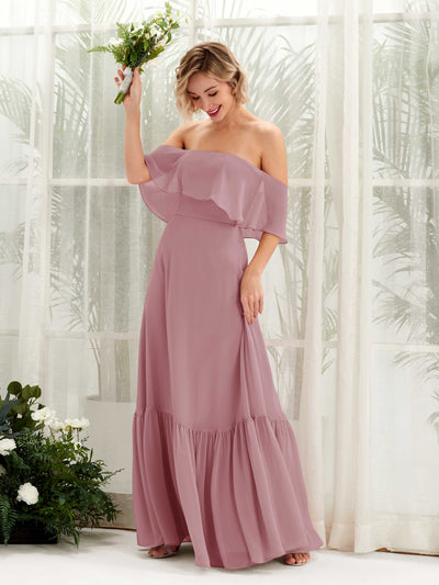 Carlyna Robe demoiselle d'honneur Trapèze Épaule Dénudée Longueur ras du sol Mousseline Mauve Vintage #couleur_mauve-vintage