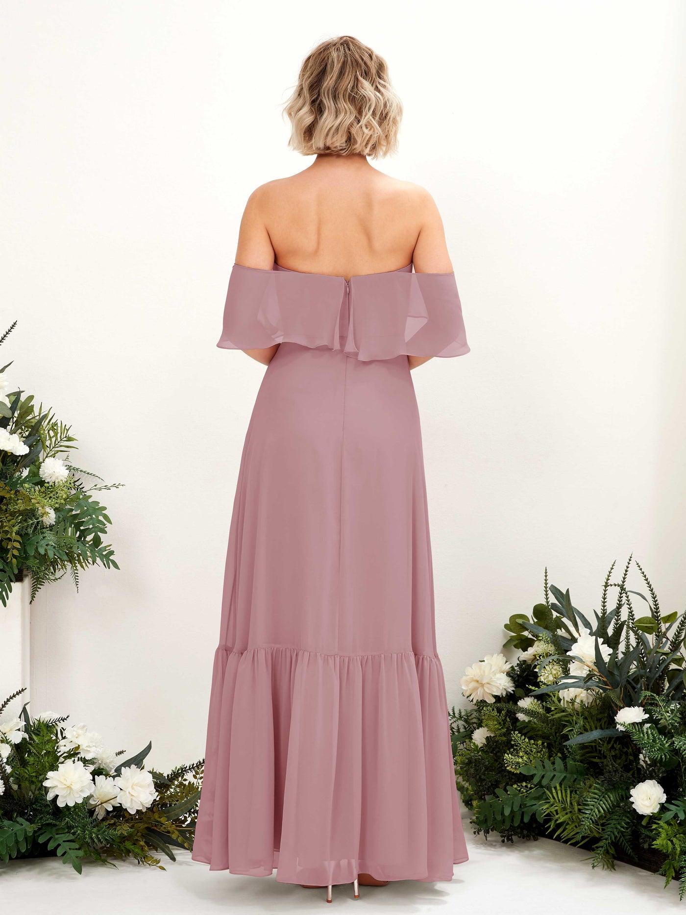 Carlyna Robe demoiselle d'honneur Trapèze Épaule Dénudée Longueur ras du sol Mousseline Mauve Vintage #couleur_mauve-vintage