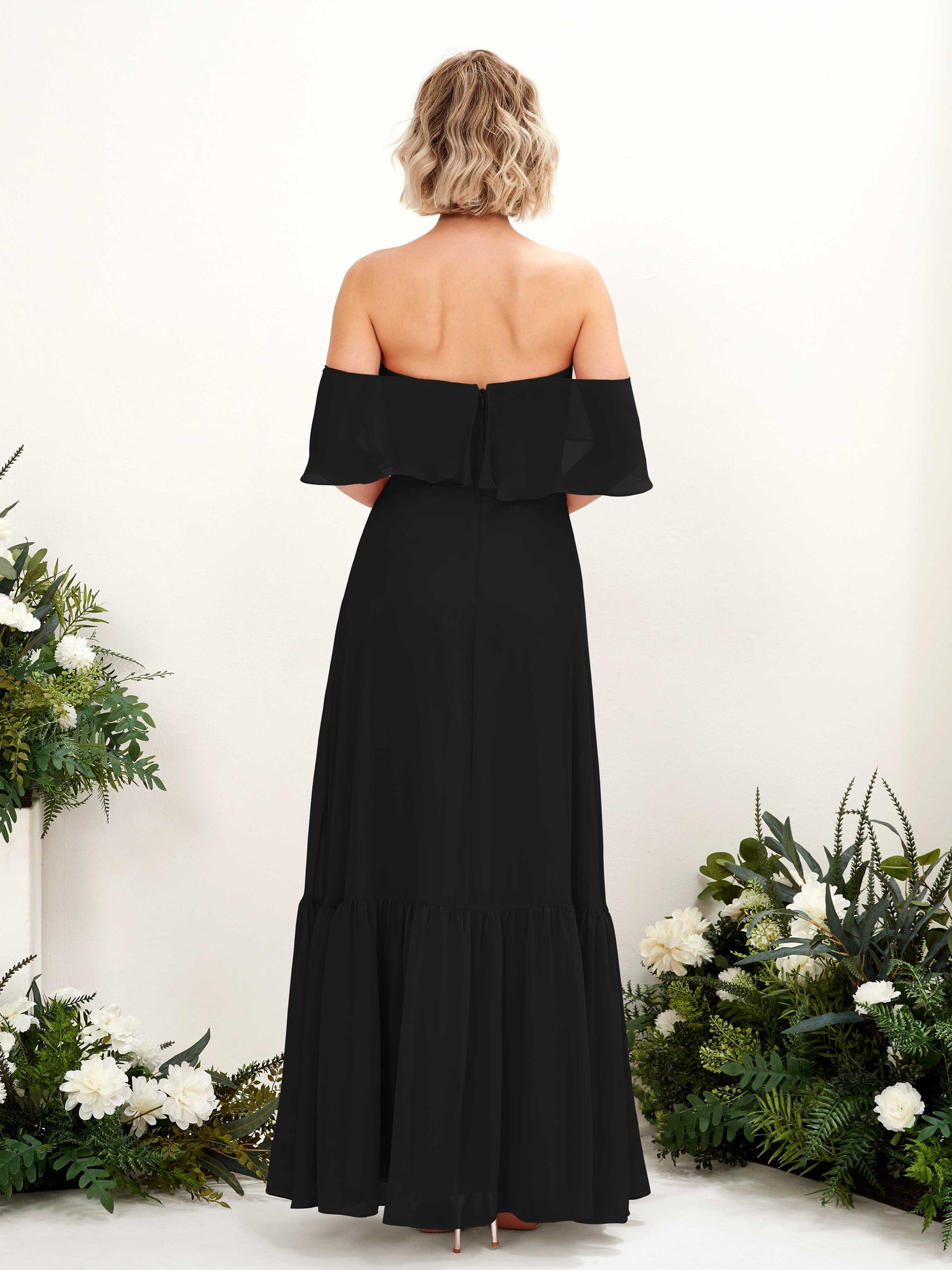 Carlyna Robe demoiselle d'honneur Trapèze Épaule Dénudée Longueur ras du sol Mousseline Noir #couleur_noir