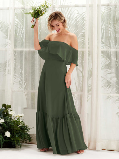 Carlyna Robe demoiselle d'honneur Trapèze Épaule Dénudée Longueur ras du sol Mousseline Olive Martini #couleur_olive-martini
