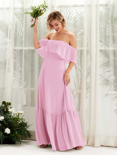 Carlyna Robe demoiselle d'honneur Trapèze Épaule Dénudée Longueur ras du sol Mousseline Rose Bonbon #couleur_rose-bonbon