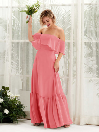 Carlyna Robe demoiselle d'honneur Trapèze Épaule Dénudée Longueur ras du sol Mousseline Rose Corail #couleur_rose-corail