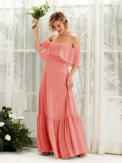 Carlyna Robe demoiselle d'honneur Trapèze Épaule Dénudée Longueur ras du sol Mousseline Rose Pêche #couleur_rose-p-che