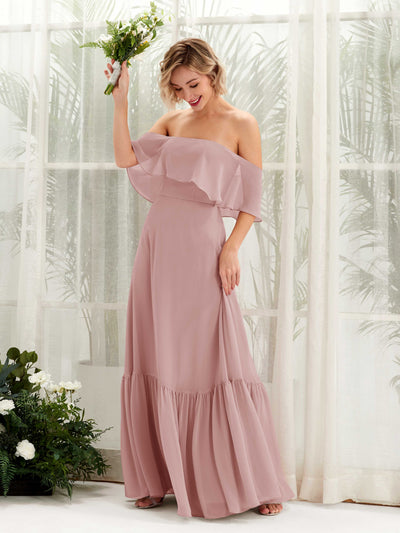 Carlyna Robe demoiselle d'honneur Trapèze Épaule Dénudée Longueur ras du sol Mousseline Rose Poussiéreux #couleur_rose-poussi-reux