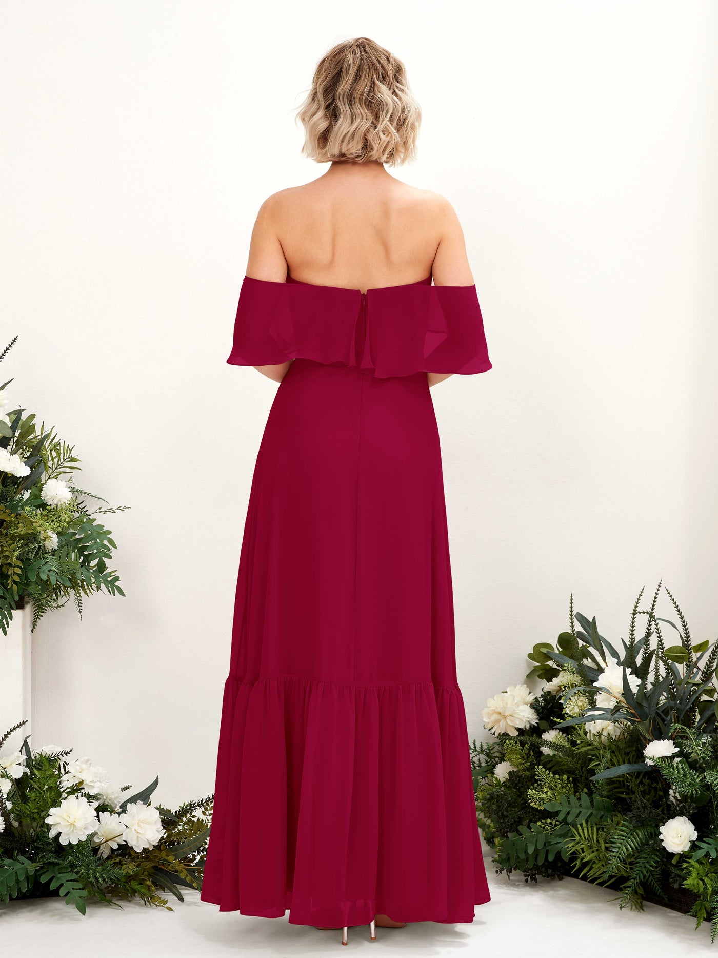 Carlyna Robe demoiselle d'honneur Trapèze Épaule Dénudée Longueur ras du sol Mousseline Rouge Bouffon #couleur_rouge-bouffon